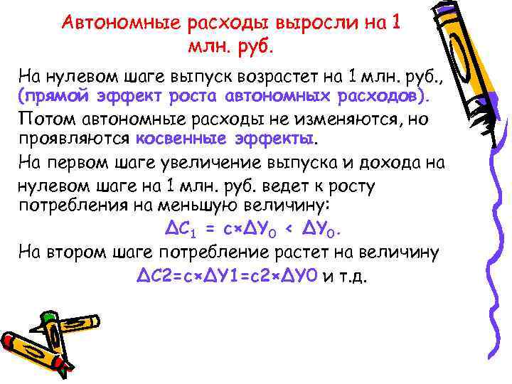  Автономные расходы выросли на 1 млн. руб. На нулевом шаге выпуск возрастет на