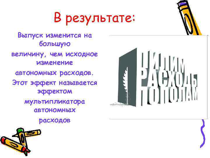  В результате: Выпуск изменится на большую величину, чем исходное изменение автономных расходов. Этот