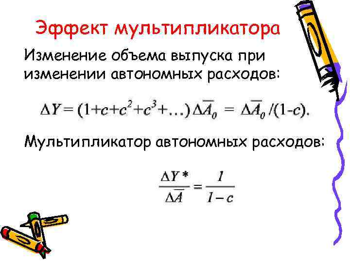  Эффект мультипликатора Изменение объема выпуска при изменении автономных расходов: Мультипликатор автономных расходов: 