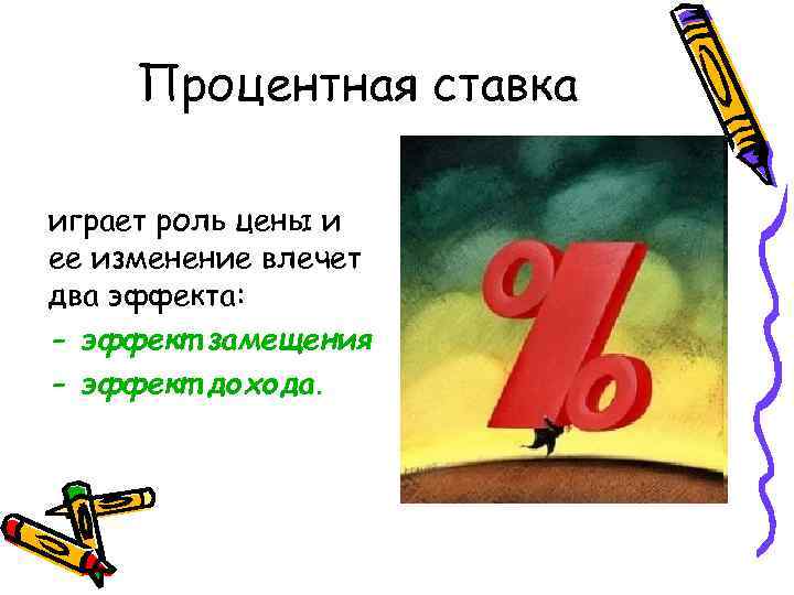 Процентная ставка играет роль цены и ее изменение влечет два эффекта: - эффект замещения