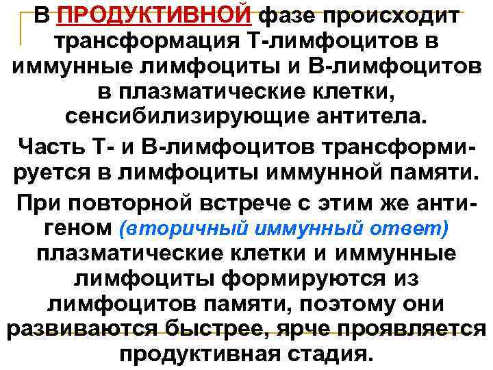 В ПРОДУКТИВНОЙ фазе происходит трансформация Т-лимфоцитов в иммунные лимфоциты и В-лимфоцитов в плазматические клетки,