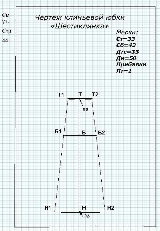 См уч. Стр Чертеж клиньевой юбки «Шестиклинка» Мерки: Ст=33 Сб=43 Дтс=35 Ди=50 Прибавки Пт=1