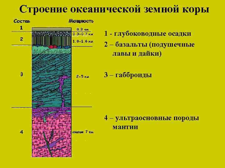 Строение океанической земной коры 1 - глубоководные осадки 2 – базальты (подушечные лавы и