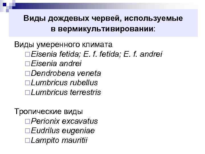 Виды дождевых червей, используемые в вермикультивировании: Виды умеренного климата ¨ Eisenia fetida; E. f.