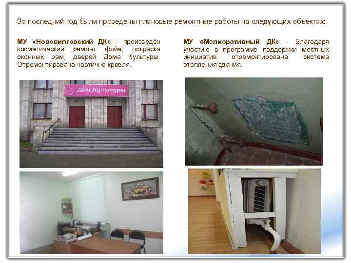 За последний год были проведены плановые ремонтные работы на следующих объектах: МУ «Нововилговский ДК»