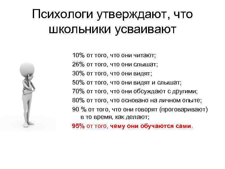 Психологи утверждают, что школьники усваивают 10% от того, что они читают; 26% от того,