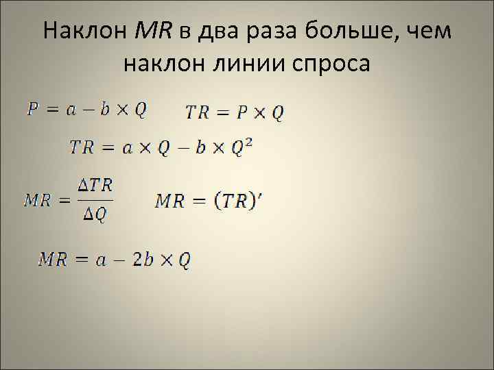 Наклон MR в два раза больше, чем наклон линии спроса 