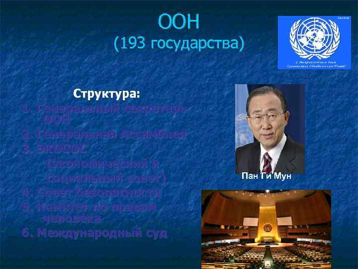 ООН (193 государства) Структура: 1. Генеральный секретарь ООН 2. Генеральная Ассамблея 3. ЭКОСОС (экономический