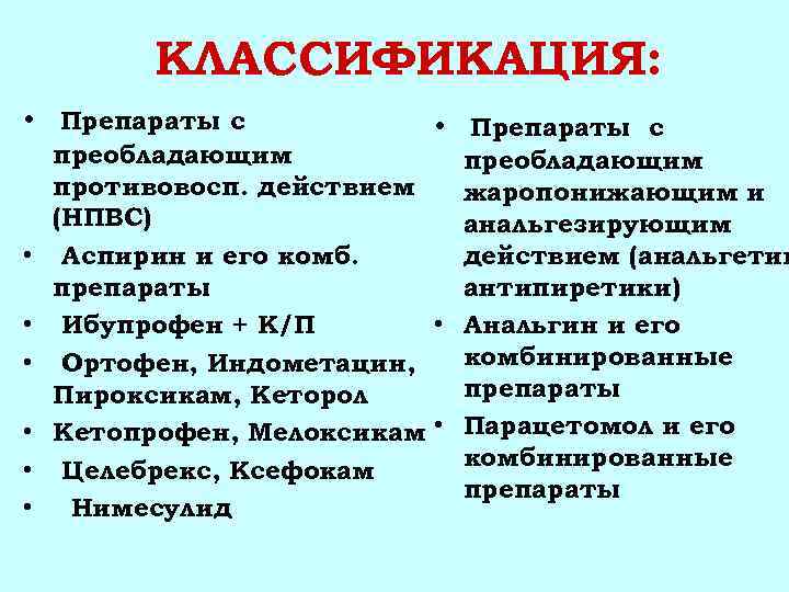 КЛАССИФИКАЦИЯ: • Препараты с • • Препараты с преобладающим противовосп. действием (НПВС) Аспирин и