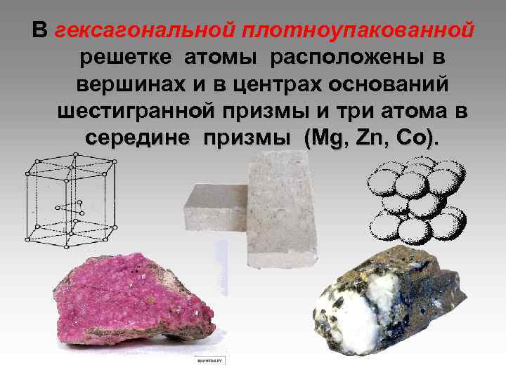 В гексагональной плотноупакованной решетке атомы расположены в вершинах и в центрах оснований шестигранной призмы