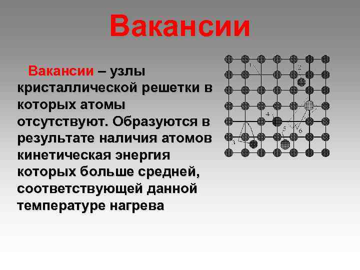 Вакансии – узлы кристаллической решетки в которых атомы отсутствуют. Образуются в результате наличия атомов