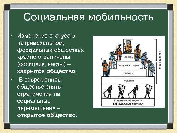 Социальная мобильность • Изменение статуса в патриархальном, феодальных обществах крайне ограничены (сословия, касты) –