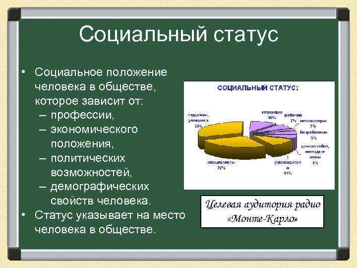 Социальный статус • Социальное положение человека в обществе, которое зависит от: – профессии, –