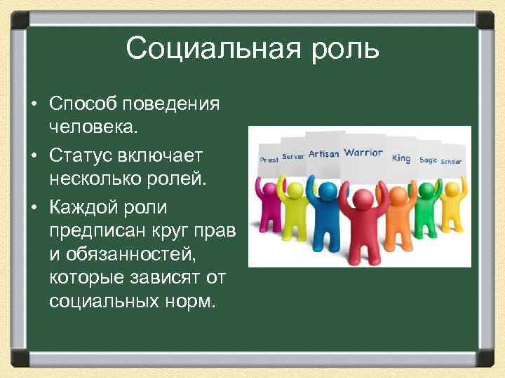 Социальная роль • Способ поведения человека. • Статус включает несколько ролей. • Каждой роли