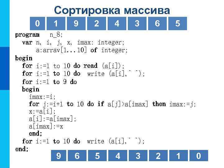 Сортировка массива 0 1 9 2 4 3 6 5 program n_8; var n,