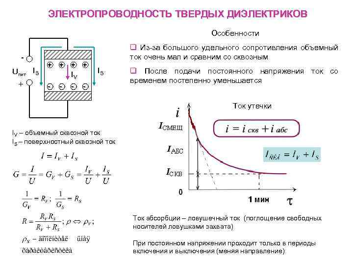 Поверхностное сопротивление. Зависимость сопротивления изоляции от температуры. Ток утечки по току. Формула сопротивления изоляции диэлектрика. Удельное проводимость твердых диэлектриков.