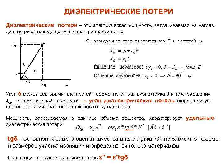 ДИЭЛЕКТРИЧЕСКИЕ ПОТЕРИ Диэлектрические потери – это электрическая мощность, затрачиваемая на нагрев диэлектрика, находящегося в