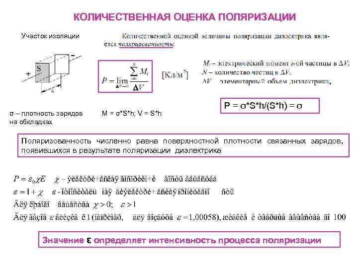 КОЛИЧЕСТВЕННАЯ ОЦЕНКА ПОЛЯРИЗАЦИИ Участок изоляции σ – плотность зарядов на обкладках M = σ*S*h;