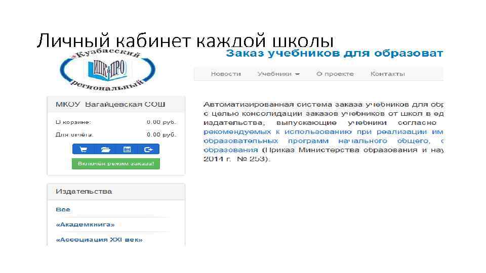 Личный кабинет каждой школы 