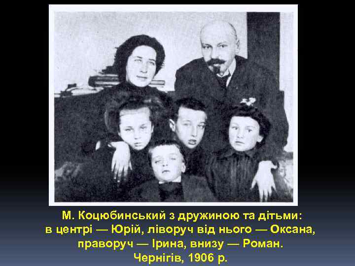 М. Коцюбинський з дружиною та дітьми: в центрі — Юрій, ліворуч від нього —