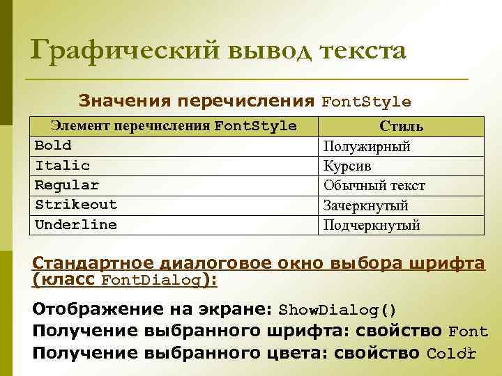 Графический вывод текста Значения перечисления Font. Style Элемент перечисления Font. Style Bold Italic Regular