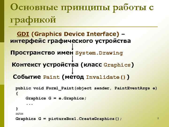 Основные принципы работы с графикой GDI (Graphics Device Interface) – интерфейс графического устройства Пространство