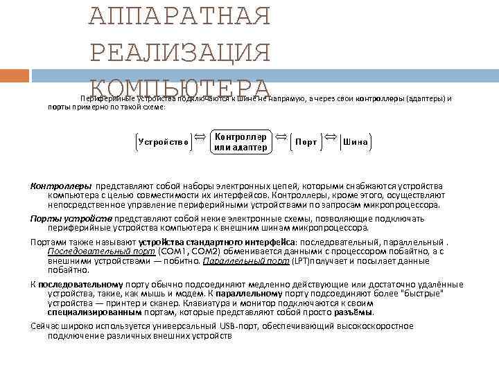 АППАРАТНАЯ РЕАЛИЗАЦИЯ КОМПЬЮТЕРА Периферийные устройства подключаются к шине не напрямую, а через свои контроллеры