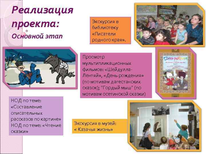 Реализация проекта: Основной этап Экскурсия в библиотеку «Писатели родного края» . Просмотр мультипликационных фильмов: