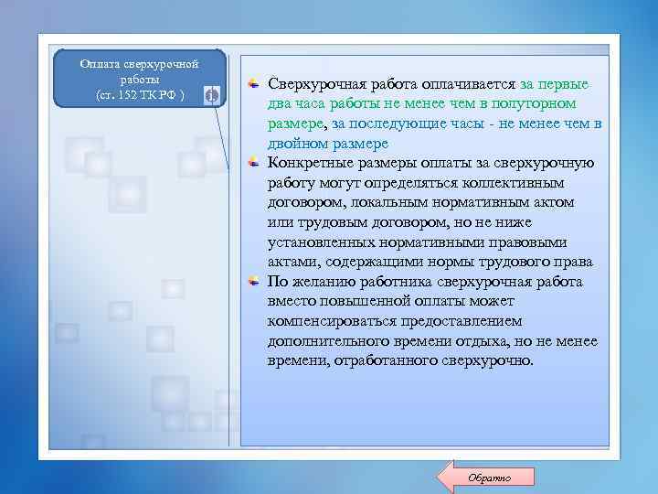 Оплата сверхурочной работы (ст. 152 ТК РФ ) Сверхурочная работа оплачивается за первые два