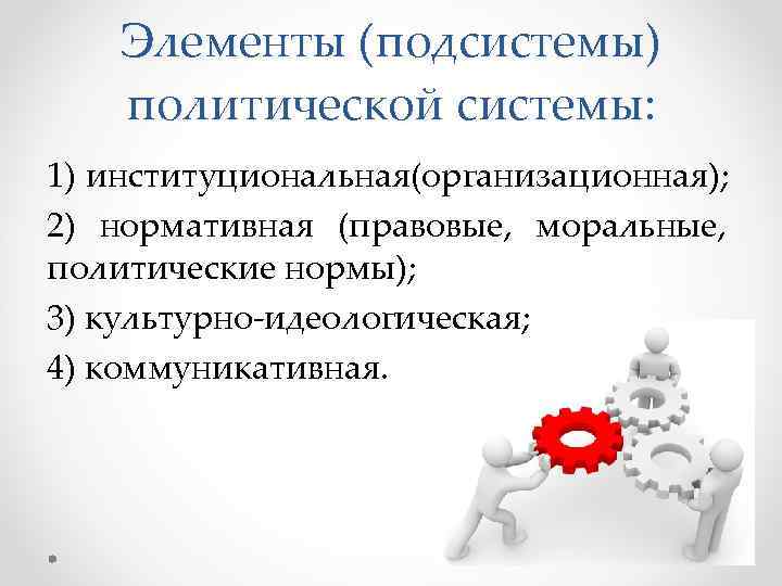 Элементы (подсистемы) политической системы: 1) институциональная(организационная); 2) нормативная (правовые, моральные, политические нормы); 3) культурно-идеологическая;