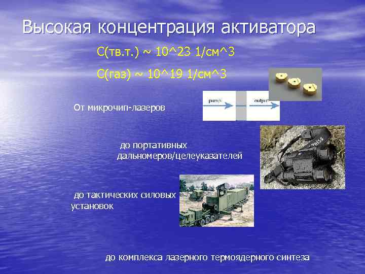 Высокая концентрация активатора C(тв. т. ) ~ 10^23 1/см^3 C(газ) ~ 10^19 1/см^3 От