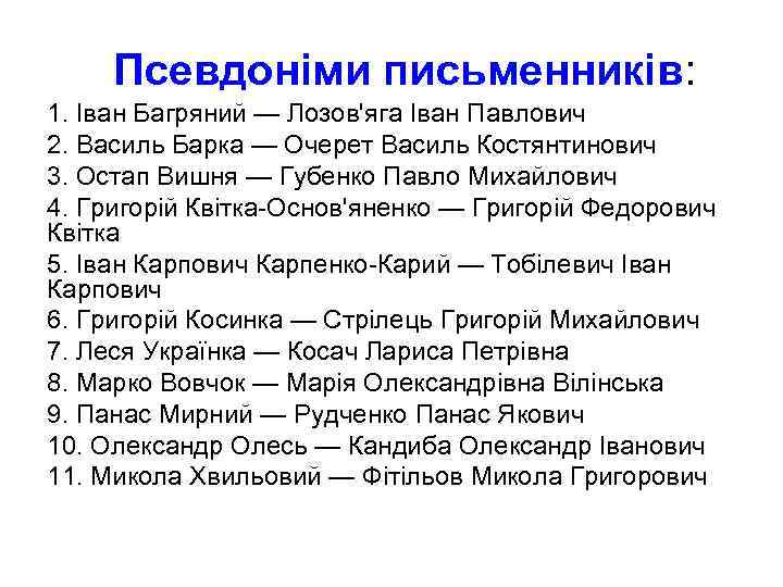 Псевдоніми письменників: 1. Іван Багряний — Лозов'яга Іван Павлович 2. Василь Барка — Очерет