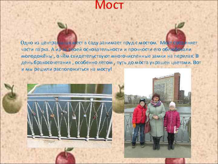 Мост Одно из центральных мест в саду занимает пруд с мостом. Мост соединяет части