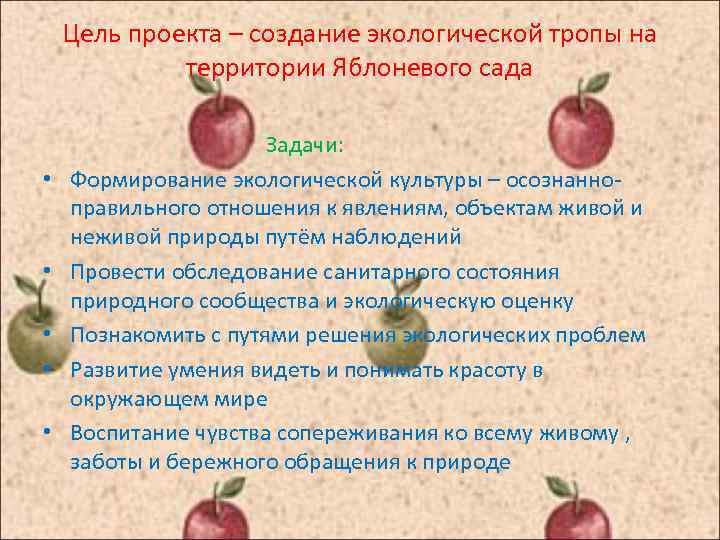 Цель проекта – создание экологической тропы на территории Яблоневого сада • • • Задачи: