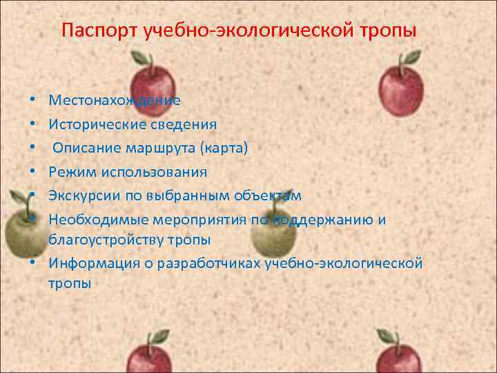 Паспорт учебно-экологической тропы Местонахождение Исторические сведения Описание маршрута (карта) Режим использования Экскурсии по выбранным