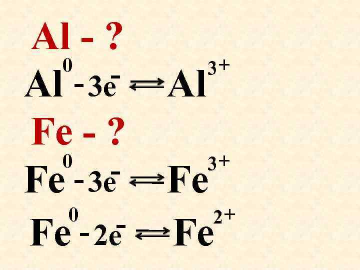 Al - ? 0 Al - 3 е Fe - ? 0 Fe -