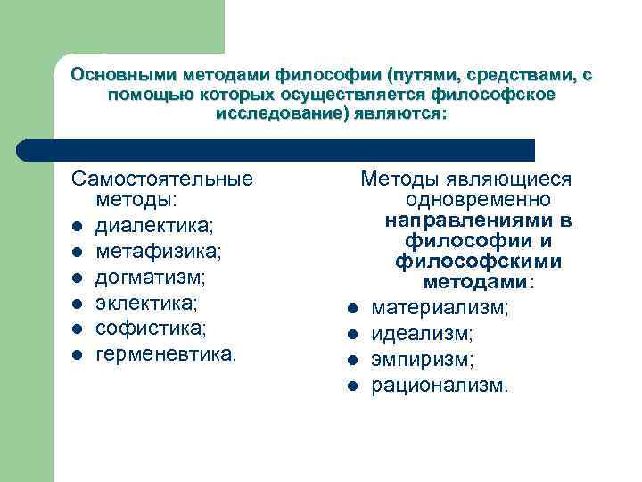Основными методами философии (путями, средствами, с помощью которых осуществляется философское исследование) являются: Самостоятельные методы:
