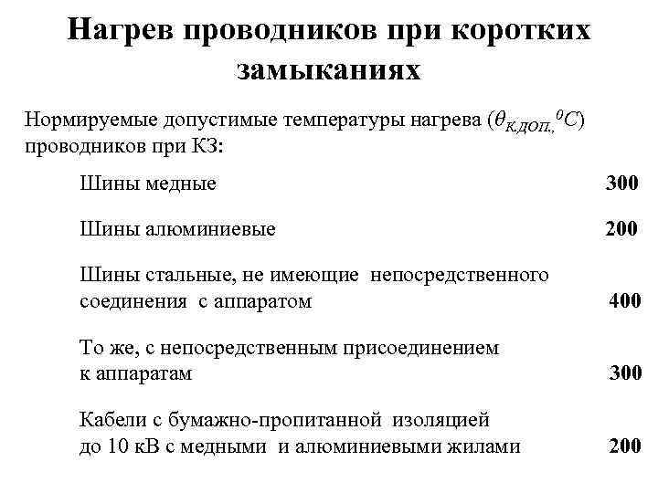 Нагрев проводников при коротких замыканиях Нормируемые допустимые температуры нагрева (θК. ДОП. , 0 С)