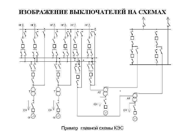 ИЗОБРАЖЕНИЕ ВЫКЛЮЧАТЕЛЕЙ НА СХЕМАХ Пример главной схемы КЭС 