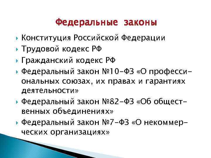 Федеральные законы Конституция Российской Федерации Трудовой кодекс РФ Гражданский кодекс РФ Федеральный закон №