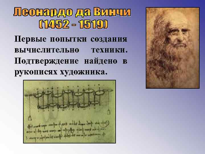 Первые попытки создания вычислительно техники. Подтверждение найдено в рукописях художника. 