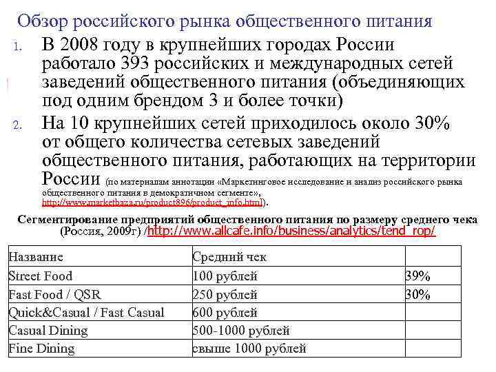 Обзор российского рынка общественного питания 1. В 2008 году в крупнейших городах России работало