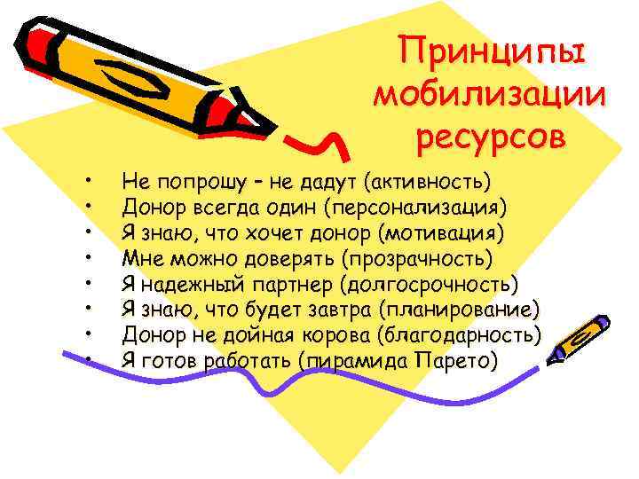 Принципы мобилизации ресурсов • • Не попрошу – не дадут (активность) Донор всегда один