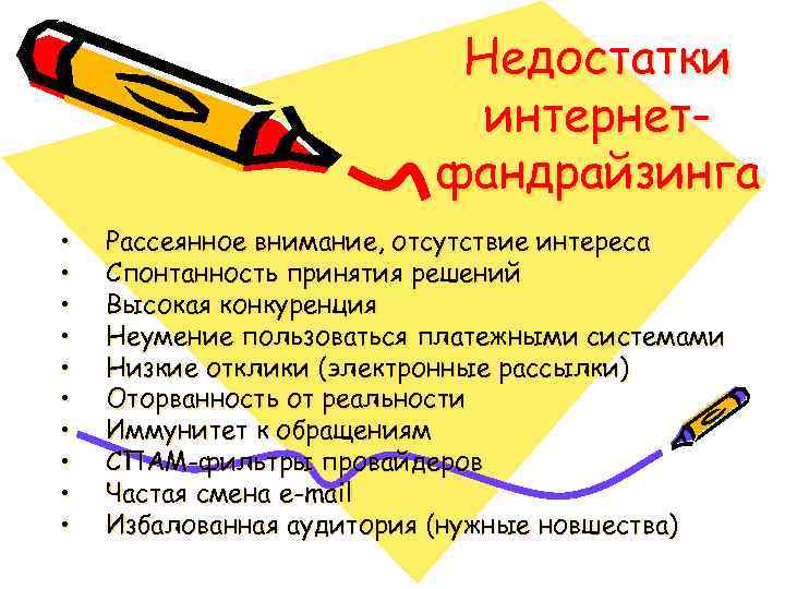 Недостатки интернетфандрайзинга • • • Рассеянное внимание, отсутствие интереса Спонтанность принятия решений Высокая конкуренция