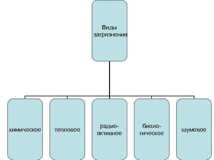 Виды загрязнения химическое тепловое радиоактивное биологическое шумовое 