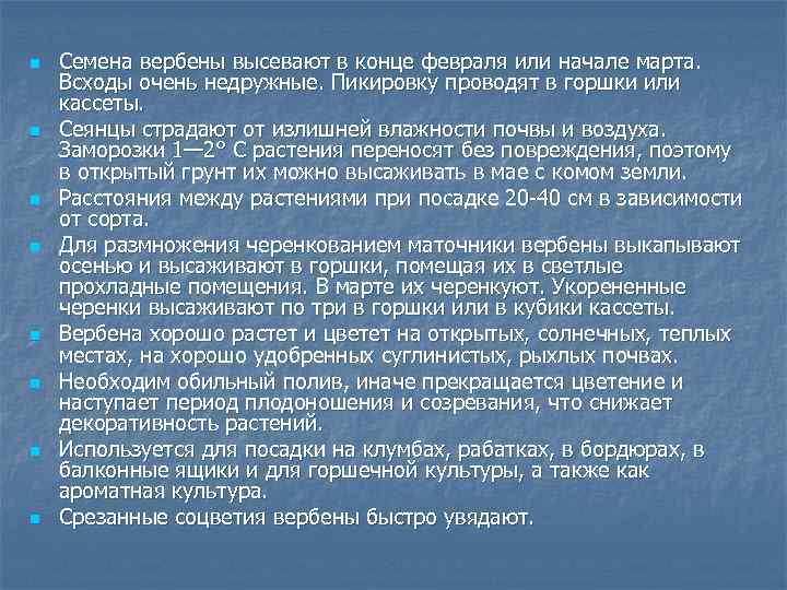 n n n n Семена вербены высевают в конце февраля или начале марта. Всходы
