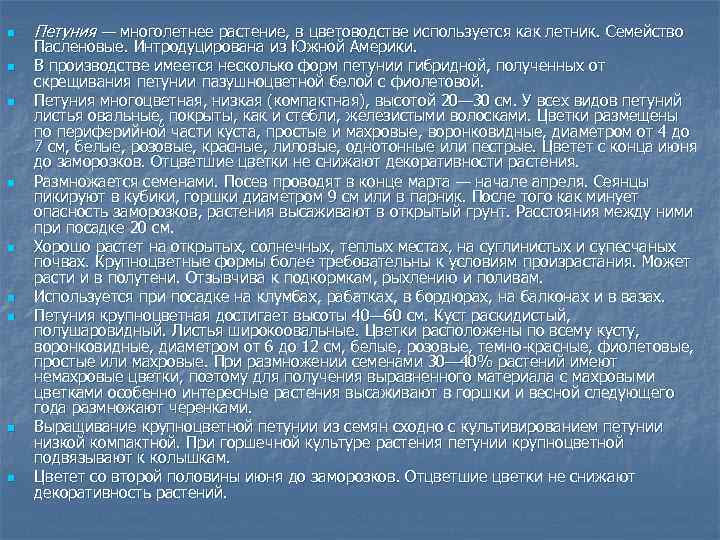n n n n n Петуния — многолетнее растение, в цветоводстве используется как летник.