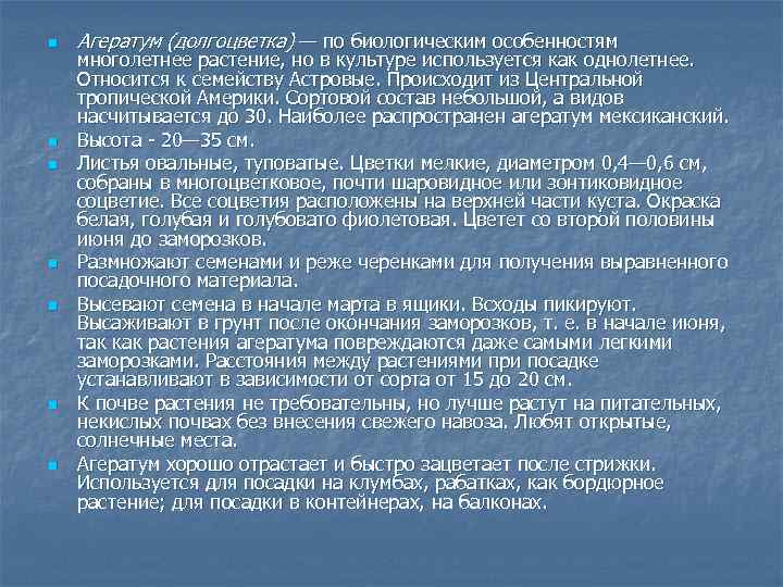 n n n n Агератум (долгоцветка) — по биологическим особенностям многолетнее растение, но в