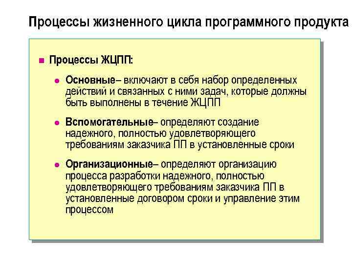 Процессы жизненного цикла программного продукта n Процессы ЖЦПП: l Основные– включают в себя набор