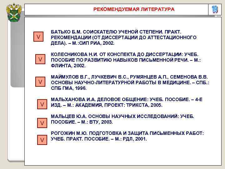 РЕКОМЕНДУЕМАЯ ЛИТЕРАТУРА БАТЬКО Б. М. СОИСКАТЕЛЮ УЧЕНОЙ СТЕПЕНИ. ПРАКТ. РЕКОМЕНДАЦИИ (ОТ ДИССЕРТАЦИИ ДО АТТЕСТАЦИОННОГО